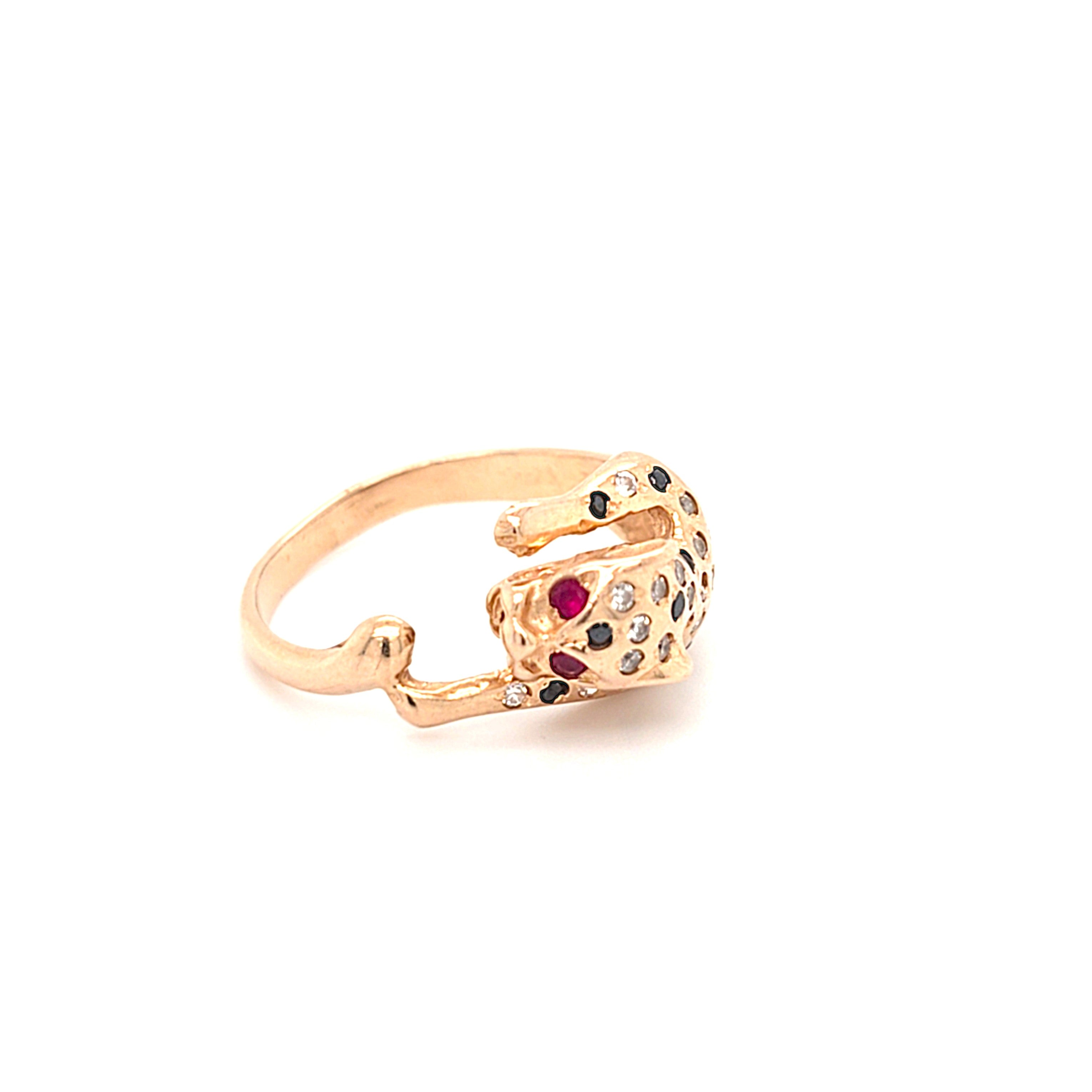 Ring Gold 585 14 kt Schmucksteine Schwarz Rot Zirkonia Wildkatze