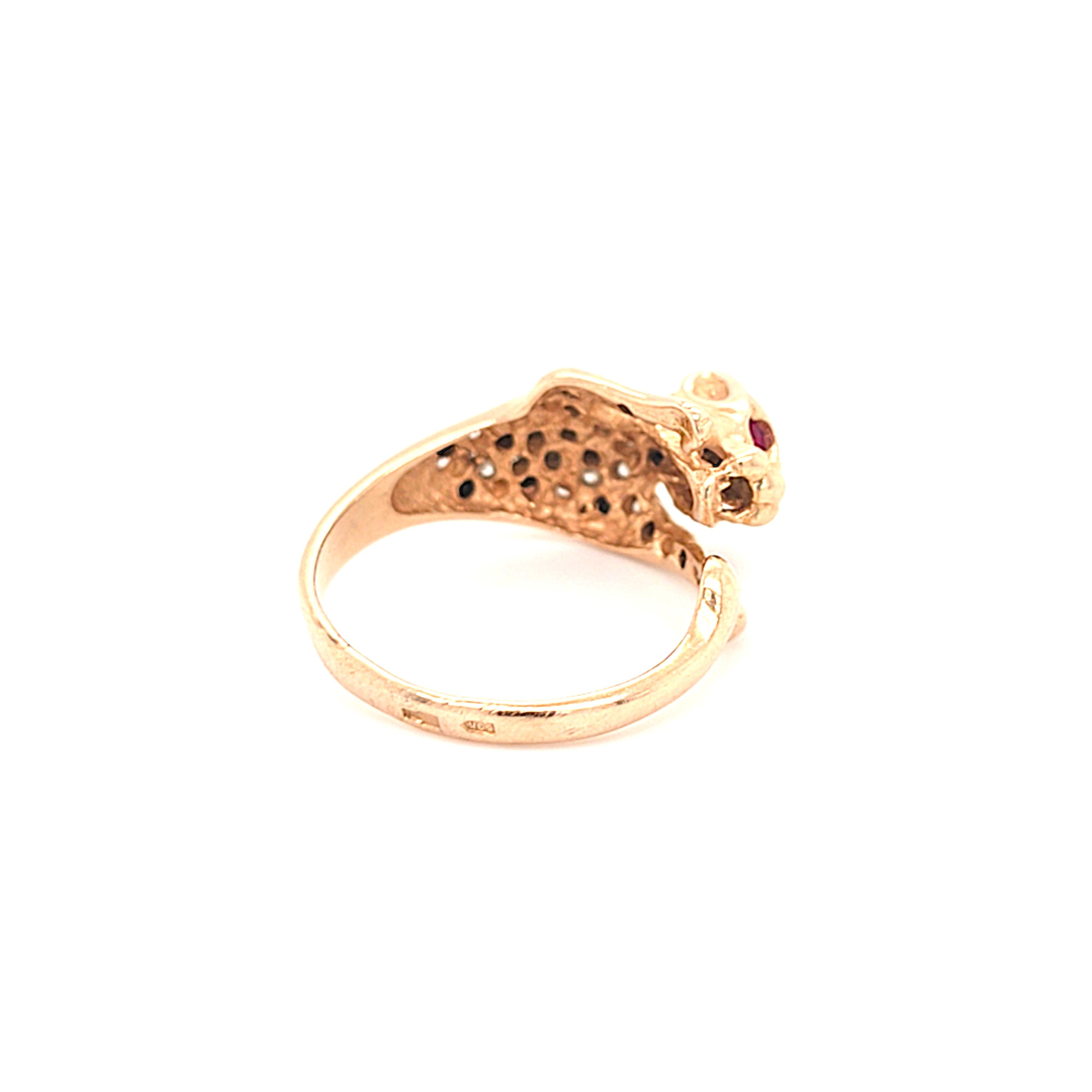 Ring Gold 585 14 kt Schmucksteine Schwarz Rot Zirkonia Wildkatze
