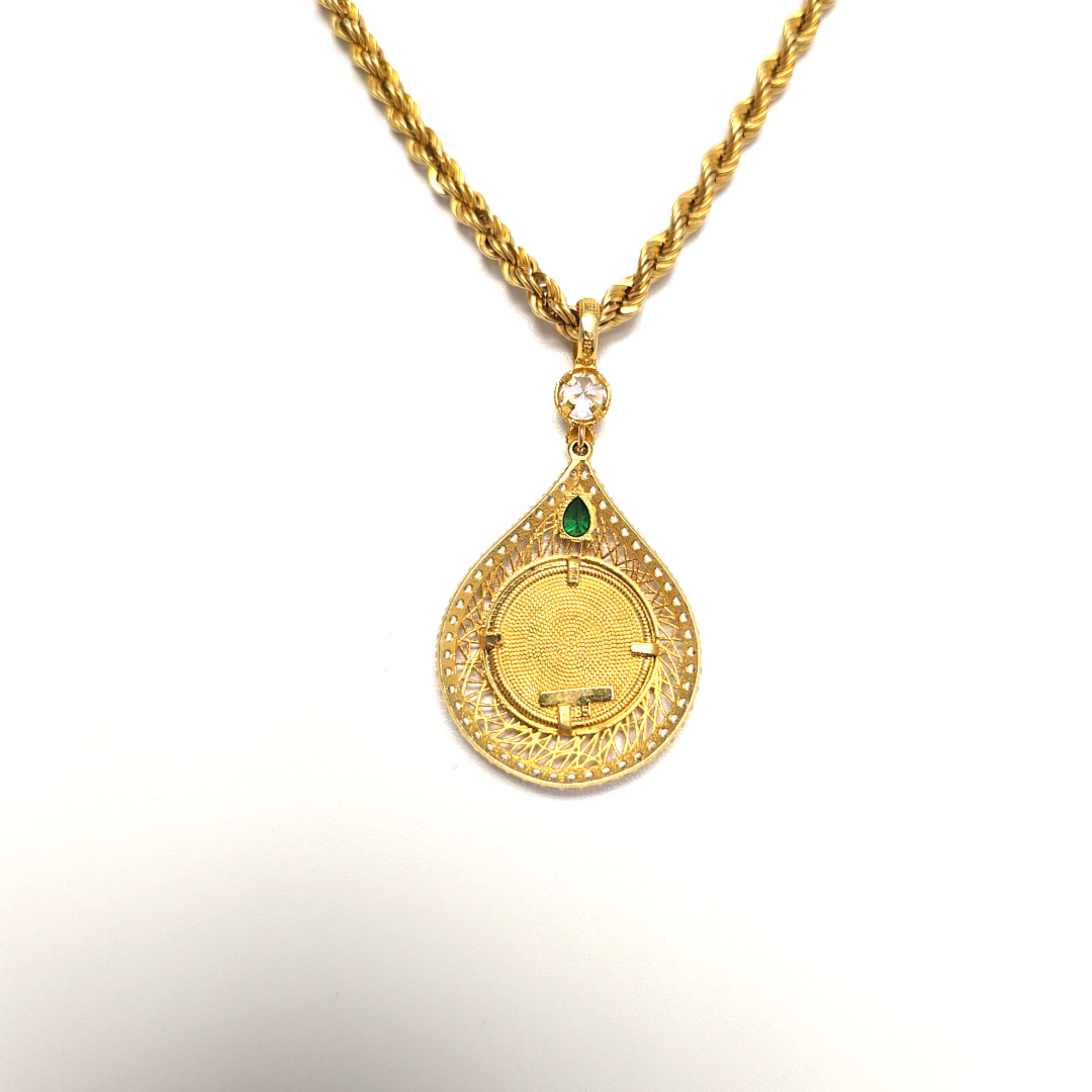 Drehkordelkette Anhänger Gelb Gold Zirkonia grüner Schmuckstein
