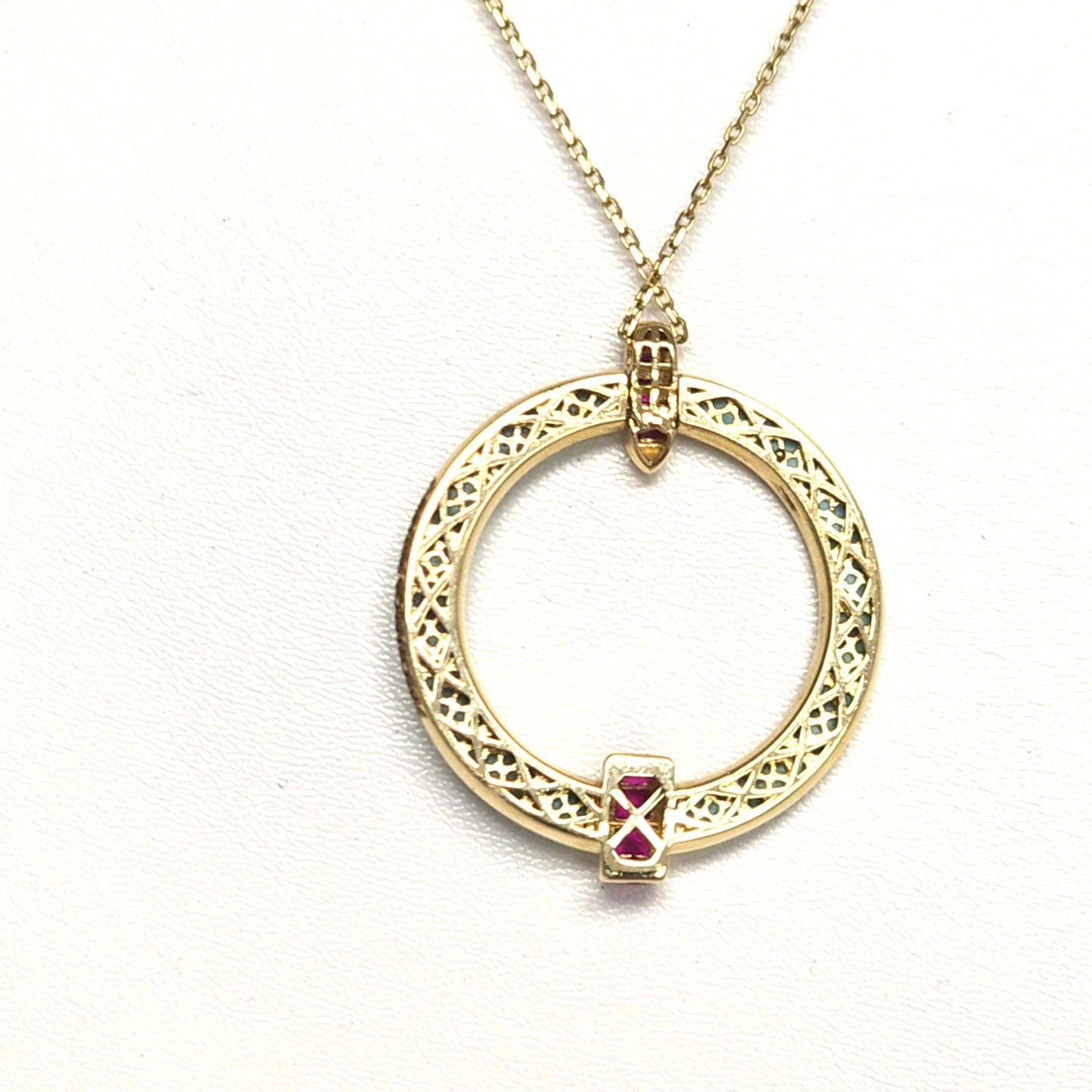 Collier Gelbgold 585 14 kt Anhänger Emaile rote Schmucksteine 44 cm