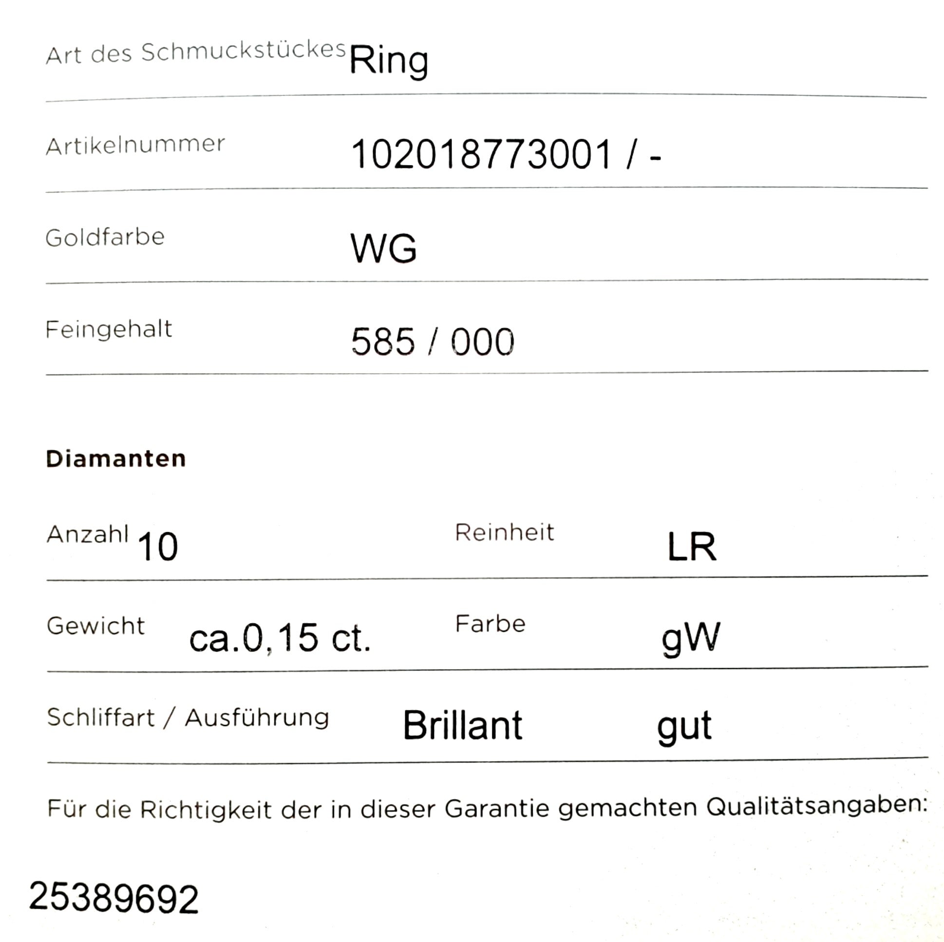 Vandenberg Ring Weiß Gold 585 14 kt Brillanten Zertifikat