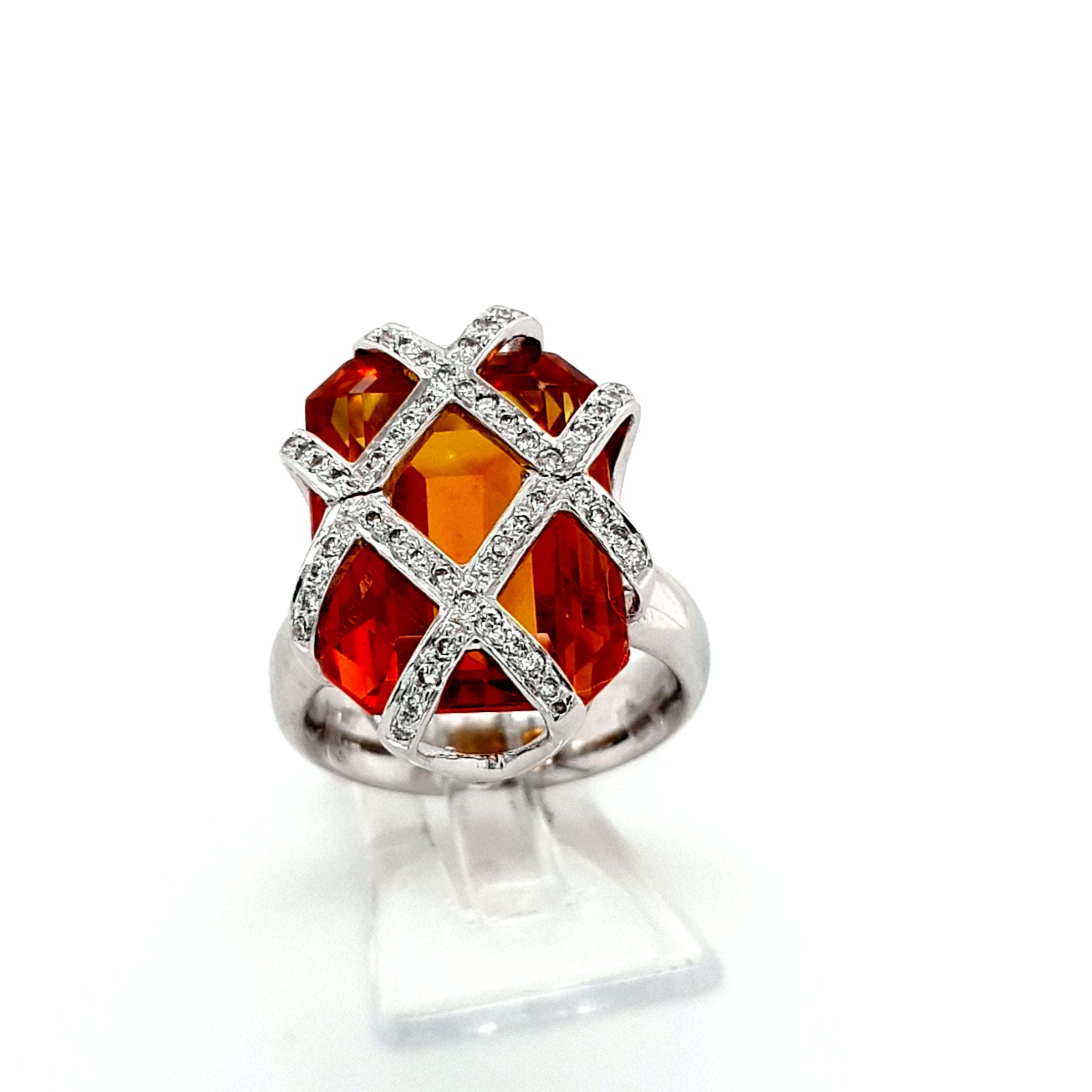 Damen Ring Weiß Gold 750 18 kt. Brillanten Schmuckstein Orange