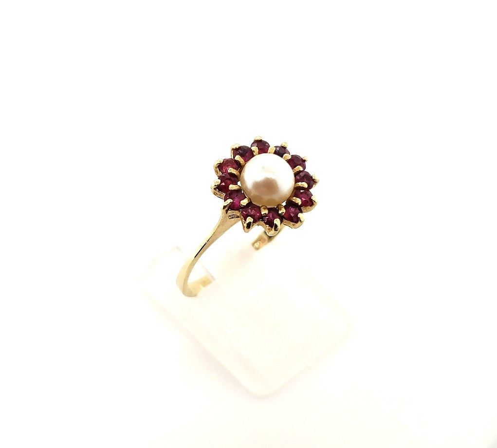 Ring Gelb Gold 585 14 kt Perle Schmucksteine Rot Damen