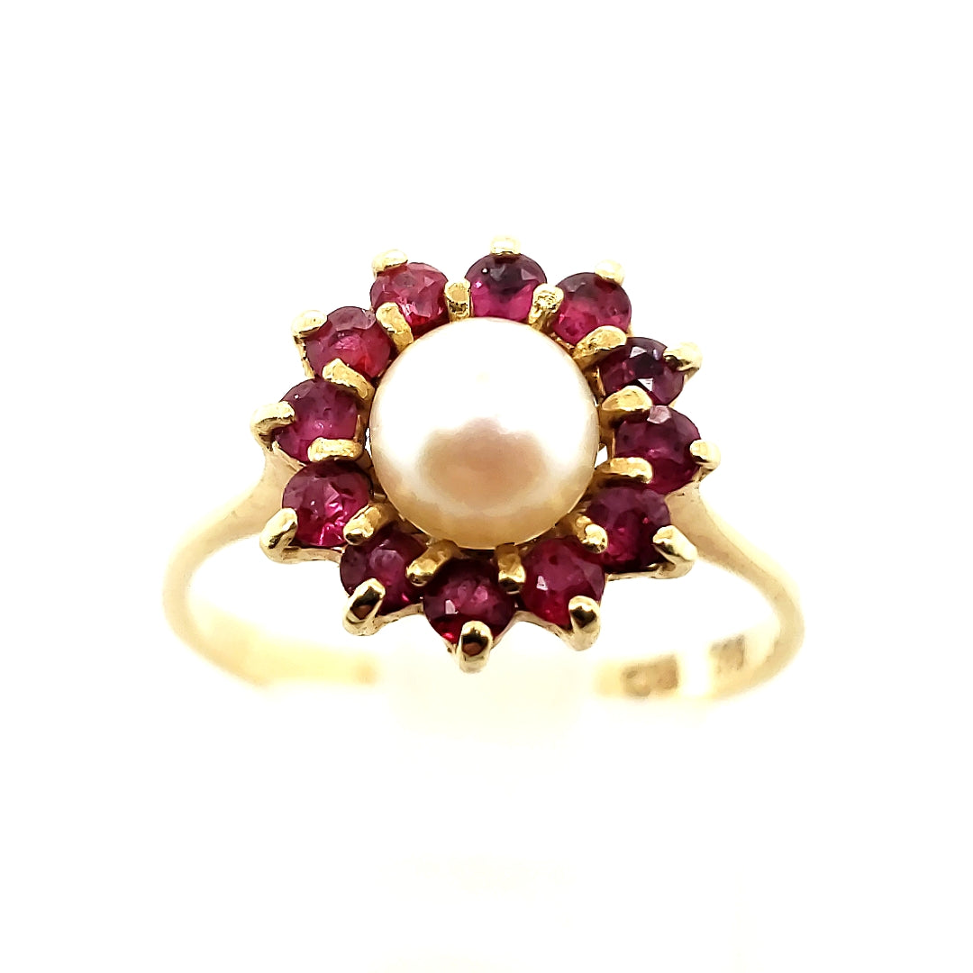 Ring Gelb Gold 585 14 kt Perle Schmucksteine Rot Damen