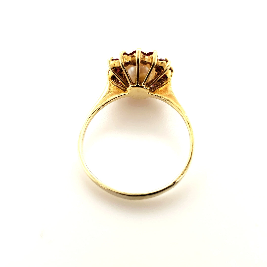 Ring Gelb Gold 585 14 kt Perle Schmucksteine Rot Damen