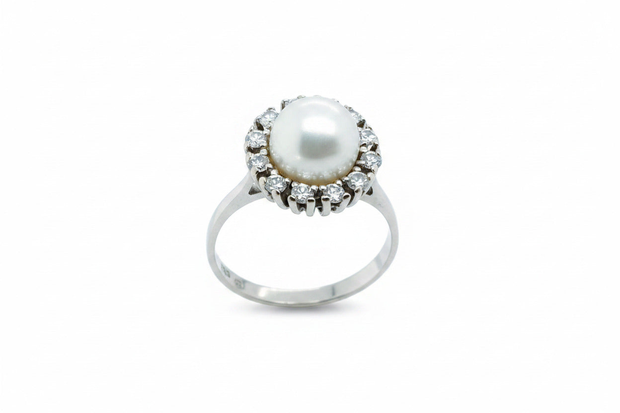 Weißgold Ring mit Perle + Brillanten 585/14kt Gr.54