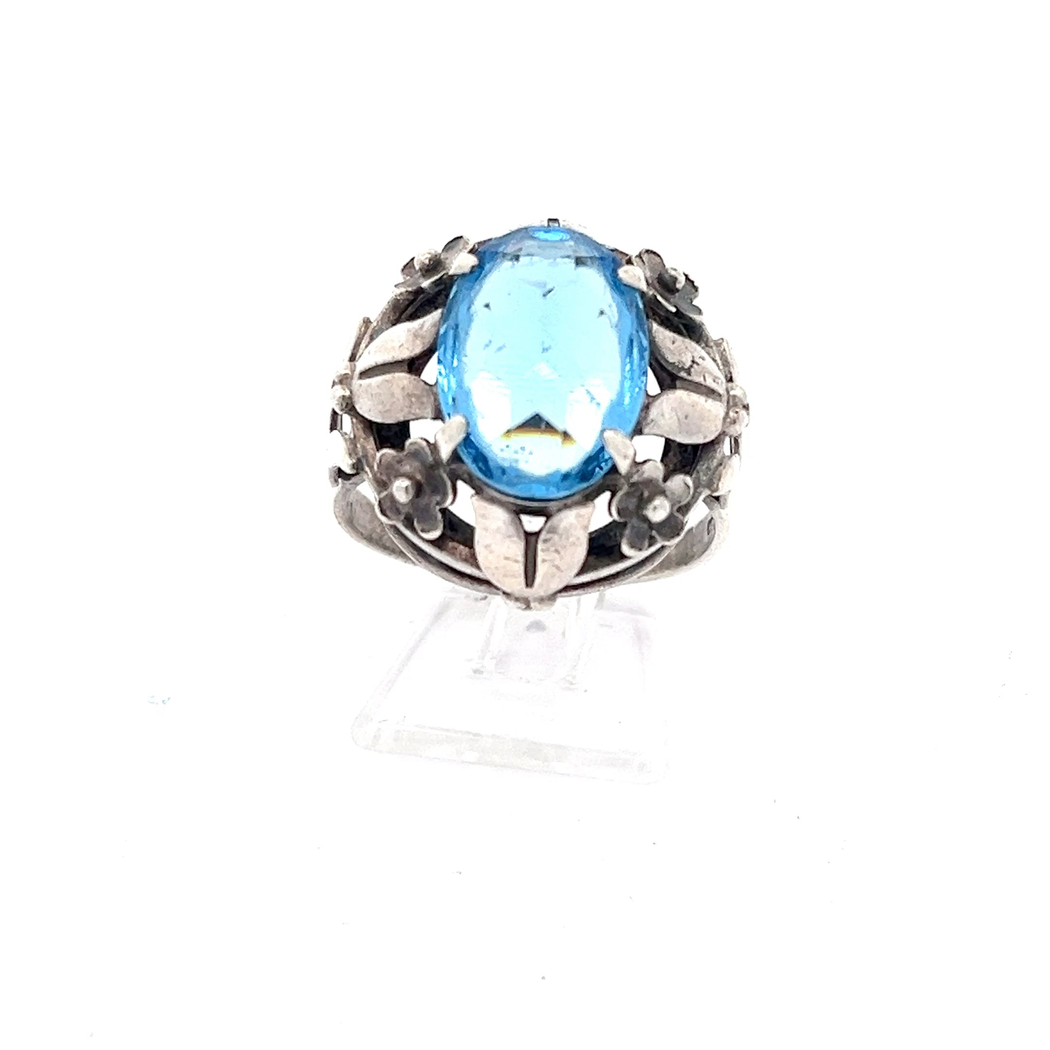 Floraler Vintage Sterling Silber 925 Ring blauer Stein *61