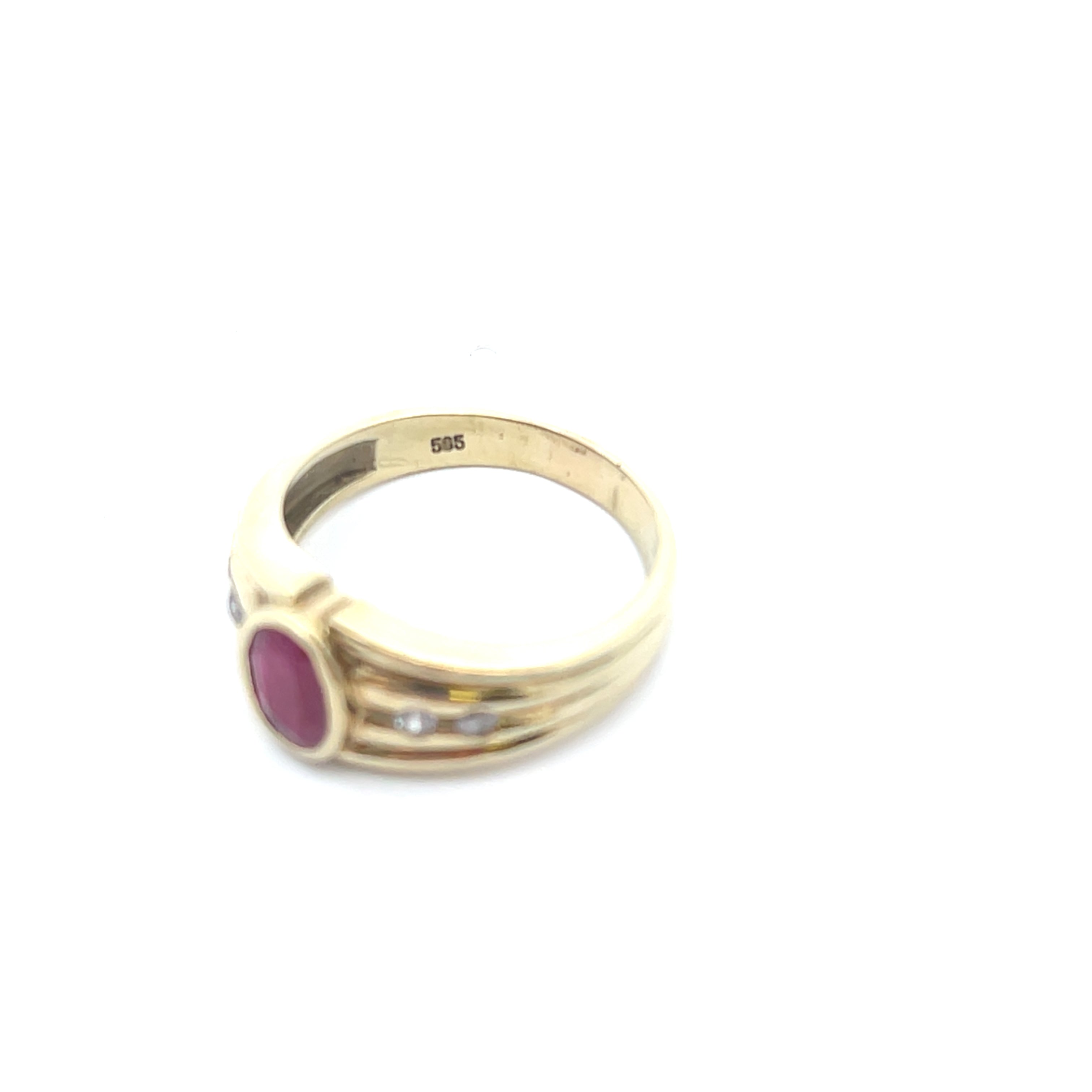 Damenring Gelb Gold 585 14 Karat mit einem roten Stein und farblosen Steinen