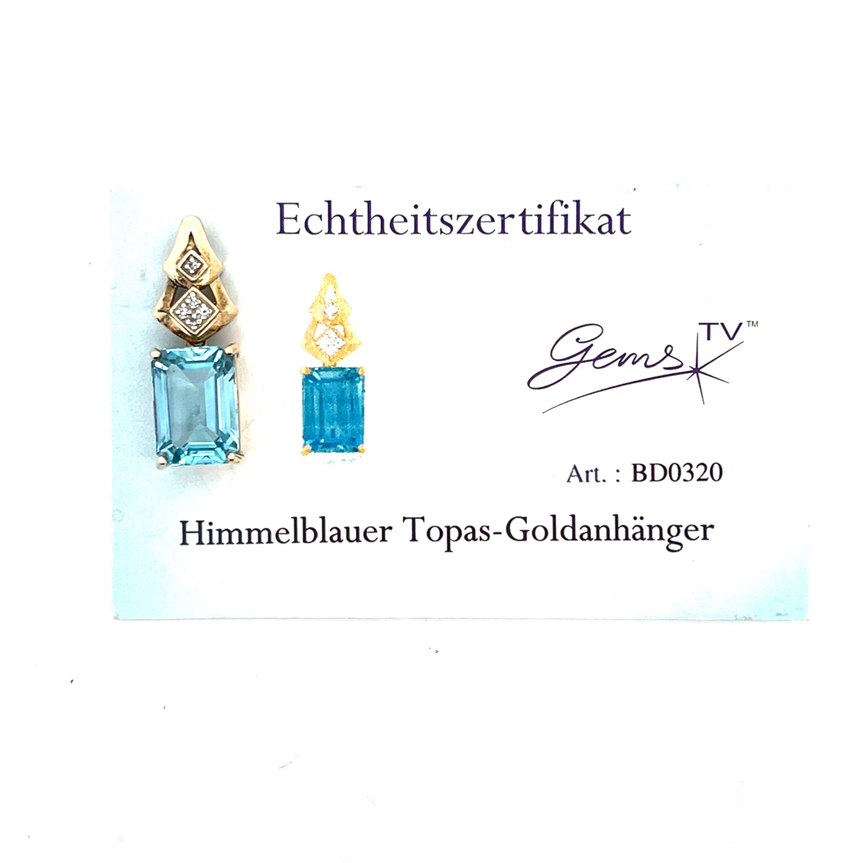 Himmelblauer Topas Goldanhänger 375 9 Karat Echtheitszertifikat
