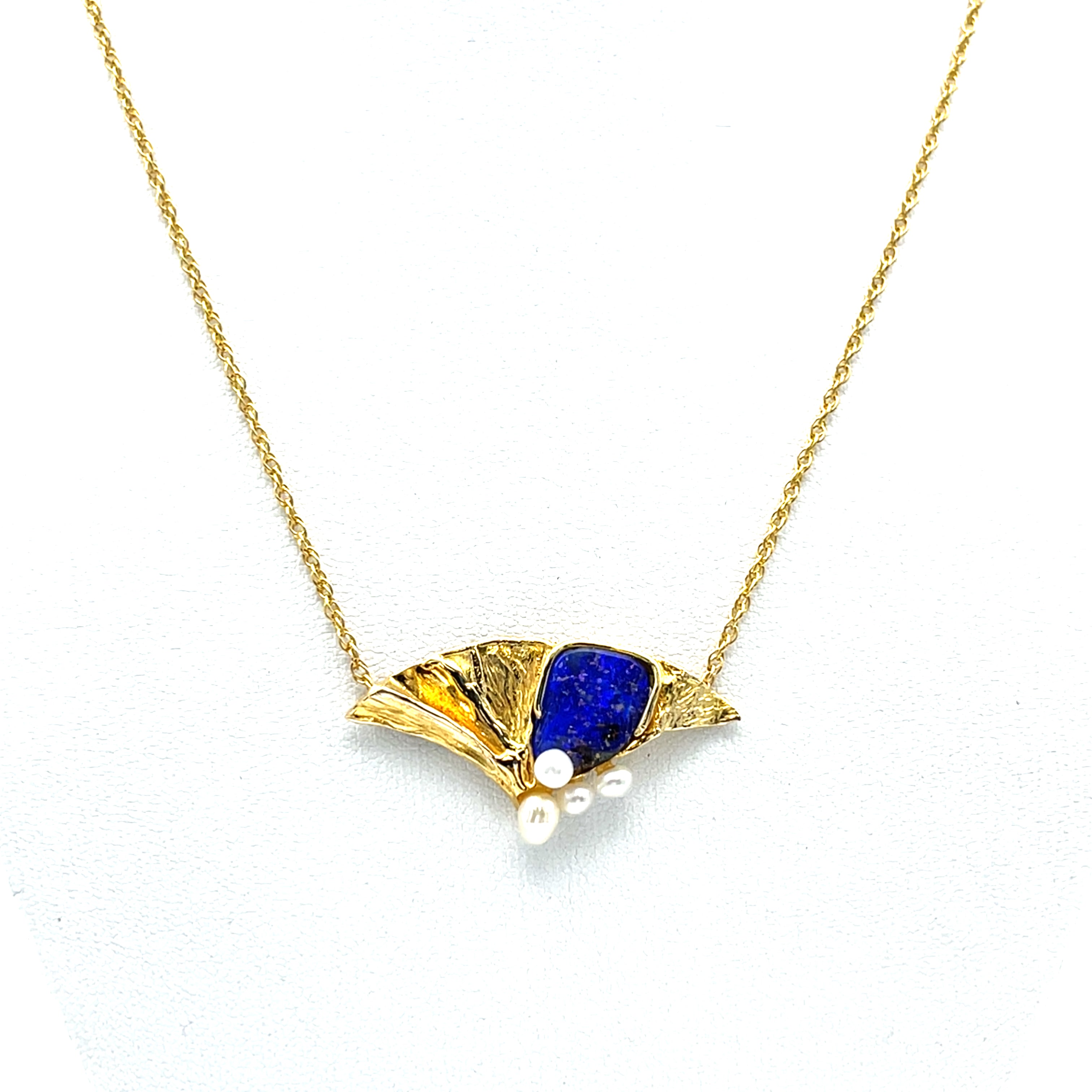 Kette Gelb Gold 585 14 Karat mit blauem Stein und Perlen