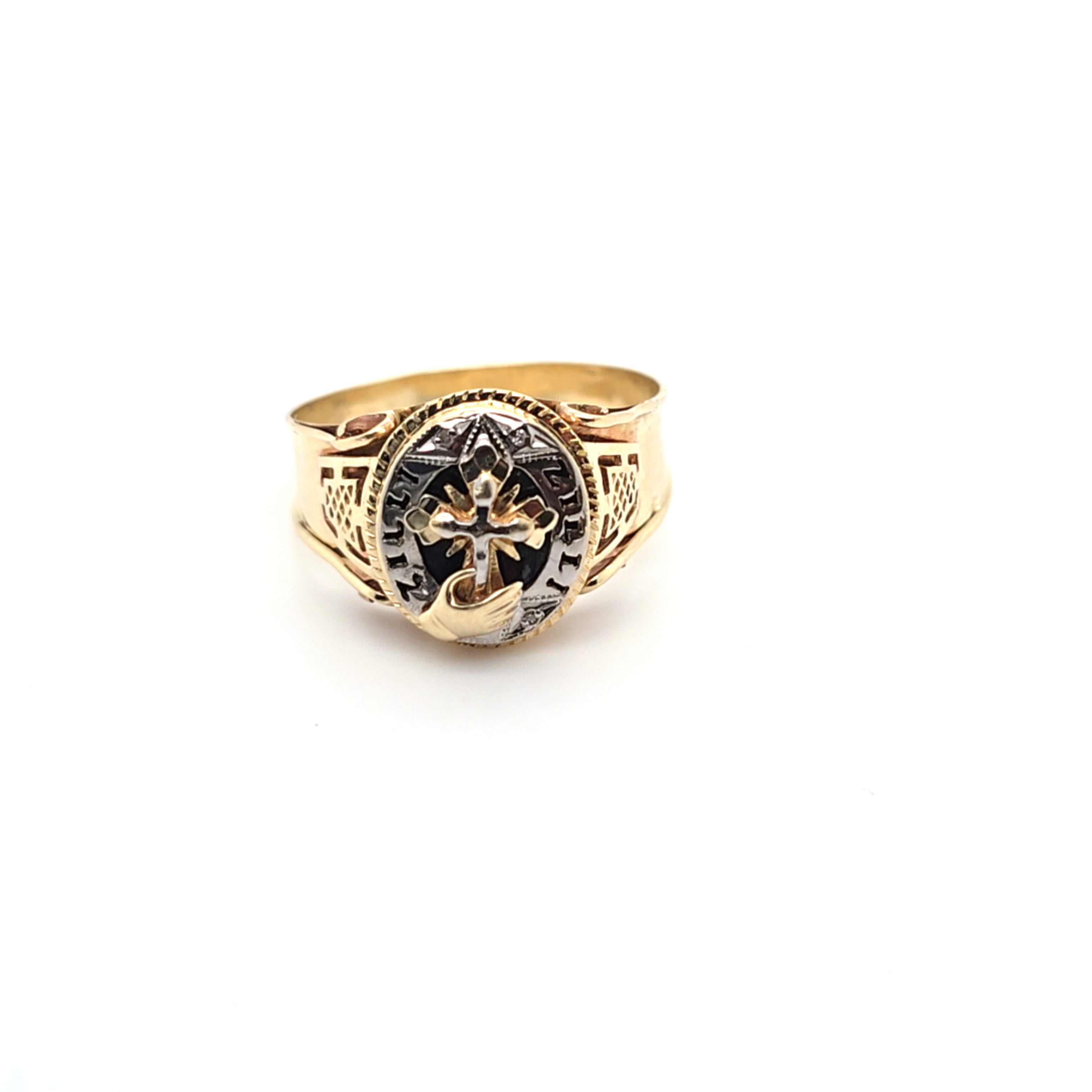 Ring Gelbgold Weißgold 585 14 kt Kreuz Schwarzer Schmuckstein  Diamanten200819