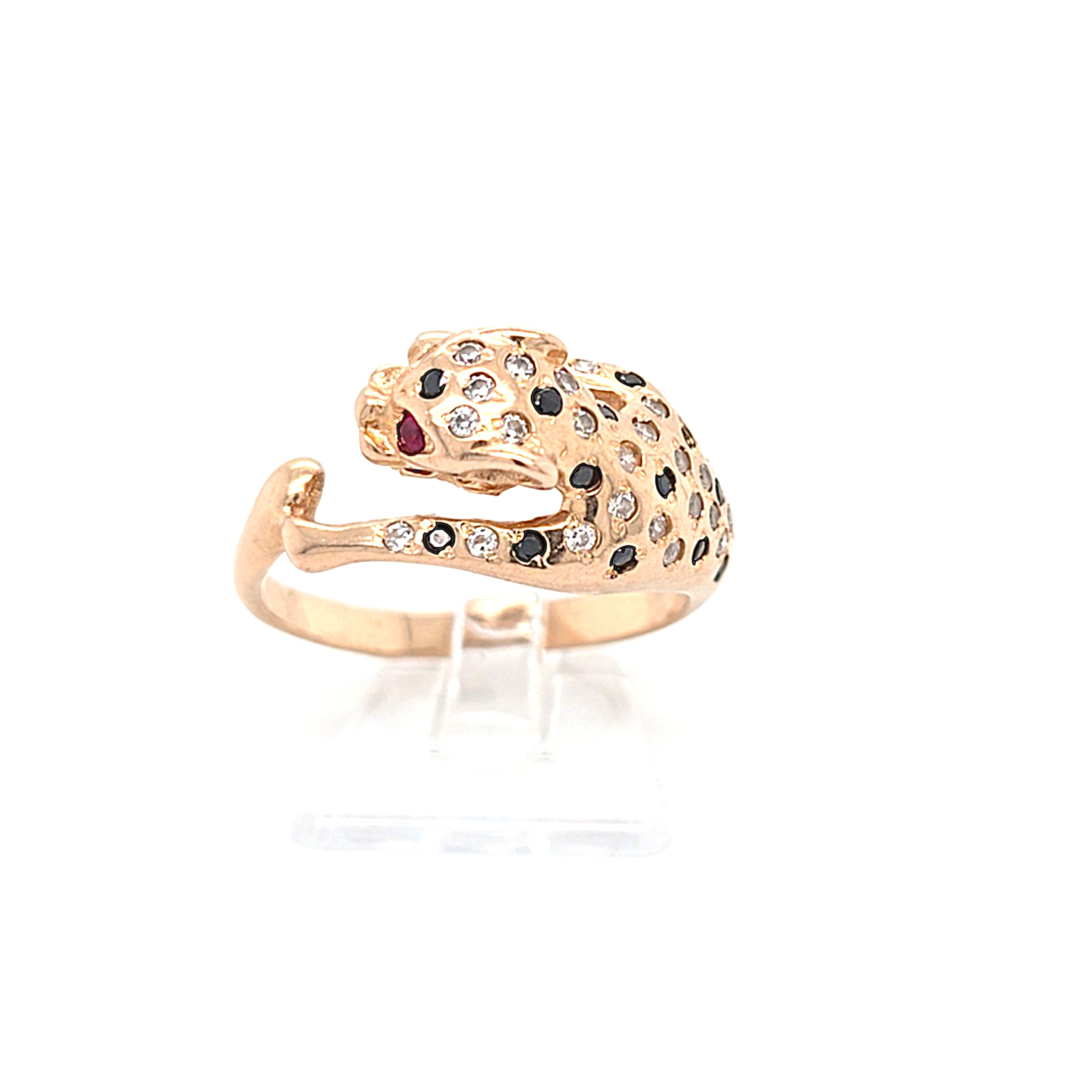Ring Gold 585 14 kt Schmucksteine Schwarz Rot Zirkonia Wildkatze
