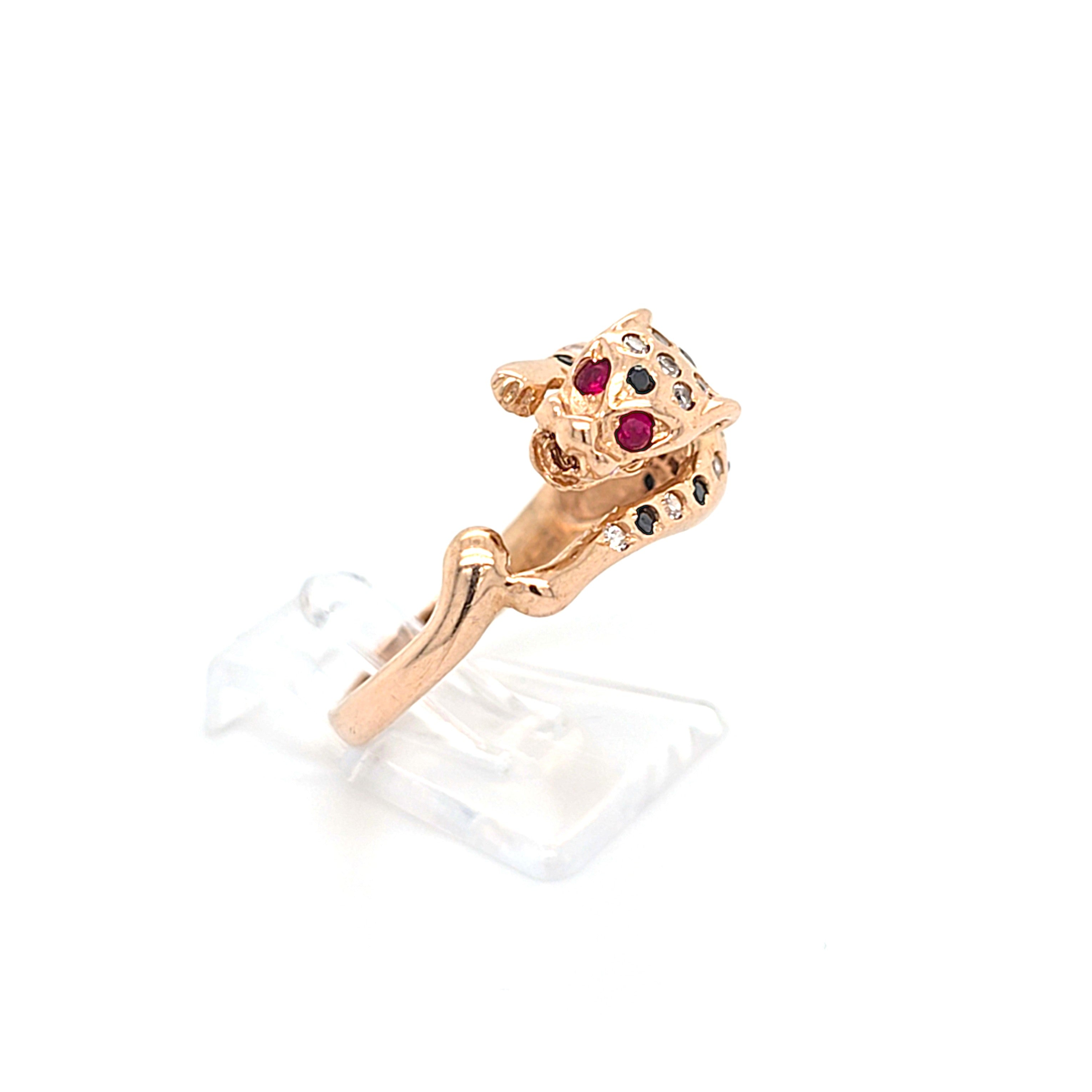Ring Gold 585 14 kt Schmucksteine Schwarz Rot Zirkonia Wildkatze