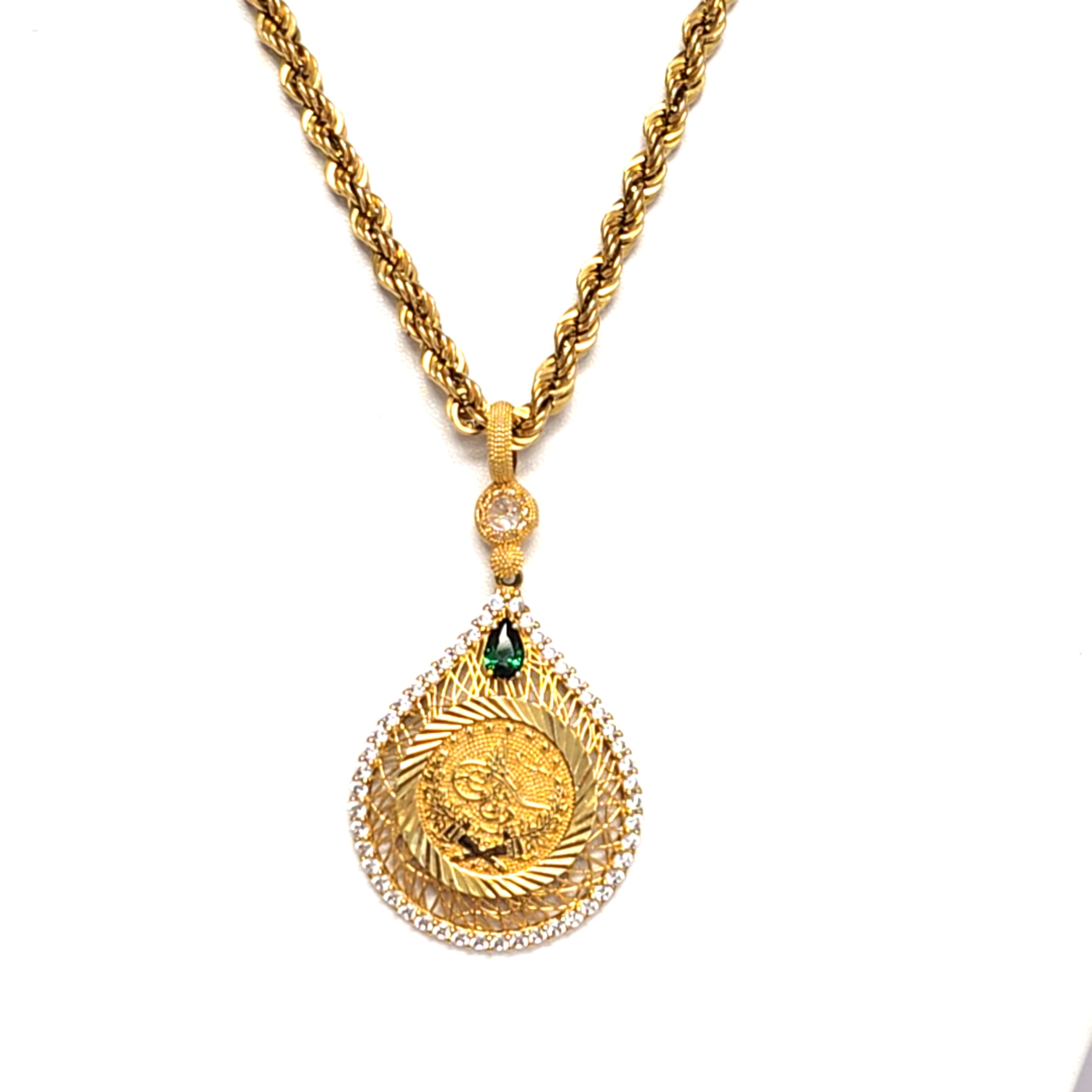 Drehkordelkette Anhänger Gelb Gold Zirkonia grüner Schmuckstein
