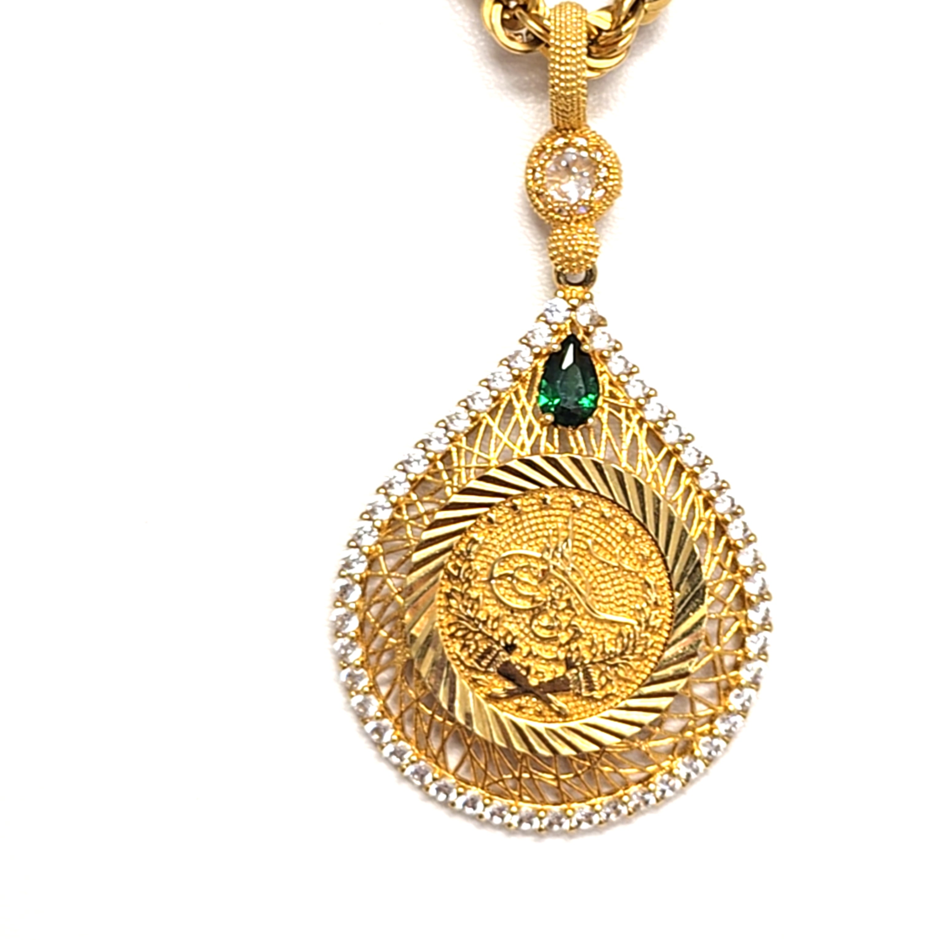 Drehkordelkette Anhänger Gelb Gold Zirkonia grüner Schmuckstein