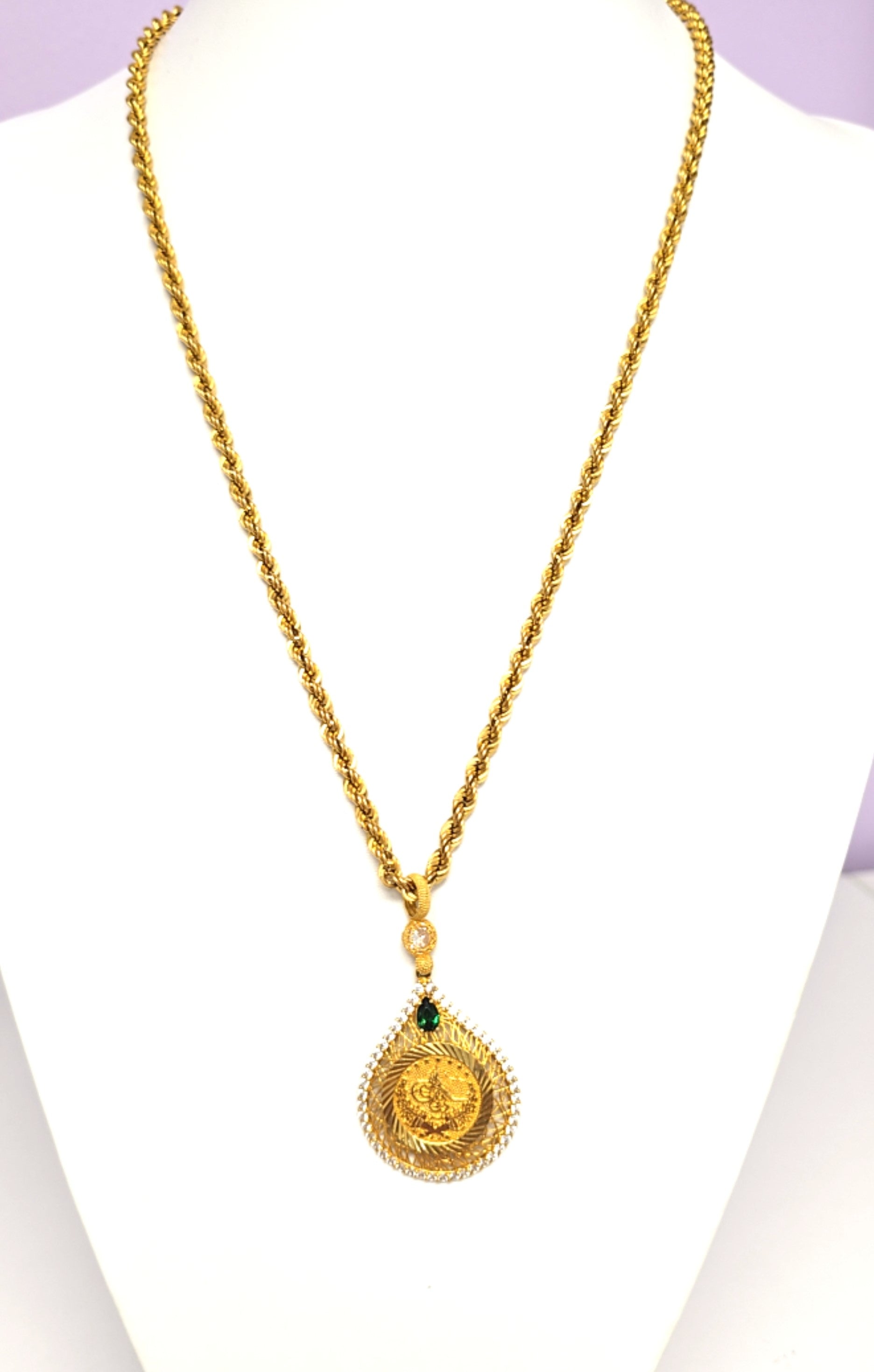 Drehkordelkette Anhänger Gelb Gold Zirkonia grüner Schmuckstein