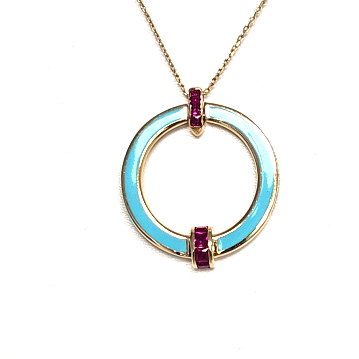 Collier Gelbgold 585  14 kt Anhänger Emaile rote Schmucksteine 44 cm
